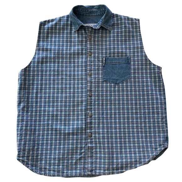 Vintage E.N.U.F. International Plaid Denim Blue Button Down Sleeveless Shirt - Picture 1 of 4